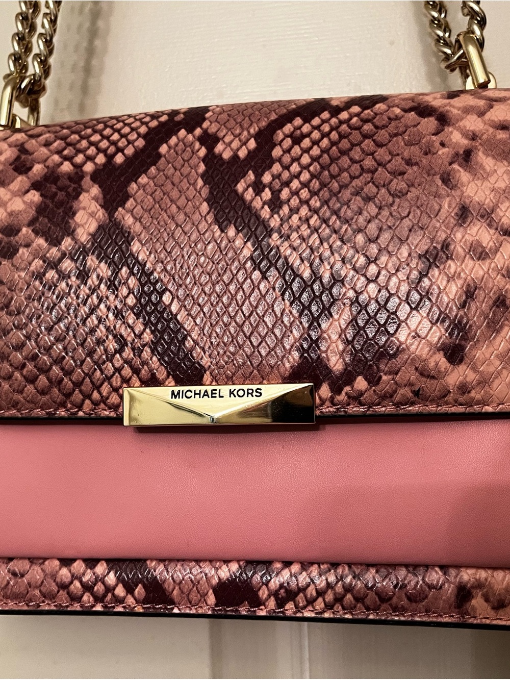 Michael Kors Pink Snake-Print Crossbody with Gold Chain